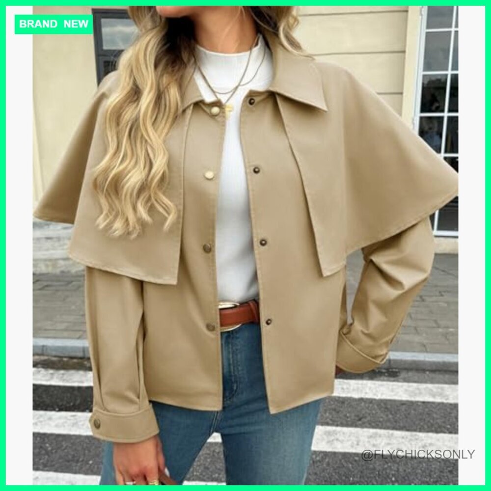 Polyester Cropped Trench Coat with Cape Sleeves and Button Closure - Picture 3 of 6
